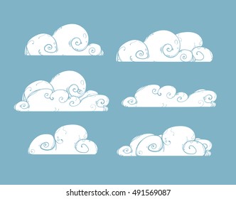 White clouds on a blue background. Flat graphic image.  Qualitative elements for your design.