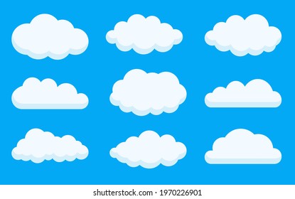White clouds on blue heavenly bachground. Cloudy sky, different shape cartoon cloud shape set. Abstract sign weather, nature, outdoor landscape, climate, internet service, upload data symbol