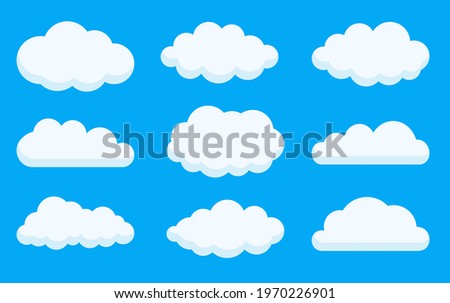 White clouds on blue heavenly bachground. Cloudy sky, different shape cartoon cloud shape set. Abstract sign weather, nature, outdoor landscape, climate, internet service, upload data symbol