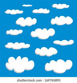 White clouds on blue sky background vector set. Cloud computing concept cartoon or bubble speech collection for flat design and use in a social networks or illustration