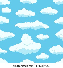 White clouds on blue sky seamless pattern. Different form fluffy clouds on light heaven background. Vector flat cartoon style abstract endless texture for web, covers, decoration, kids print design.