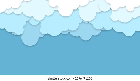 White clouds on blue sky background. Vector paper clouds. White Cloud on blue sky paper cut design. Vector paper art illustration. Paper cut style. Place for text.