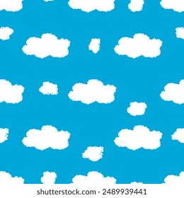 White clouds on blue sky seamless pattern. Chalk drawn clouds. Vector illustration 