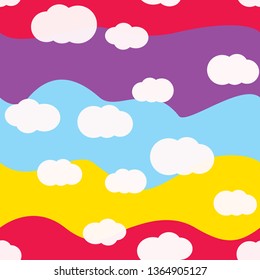 White clouds on bright colors background vector seamless pattern design. For kids room or textile. Pink, violet, blue, yellow colors
