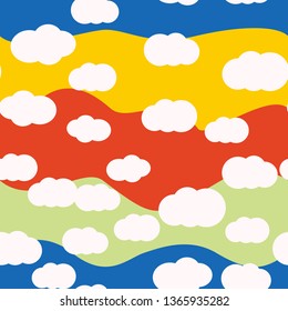 White clouds on bright colors background vector seamless pattern design. For kids room or textile. Green, red, yellow, blue colors