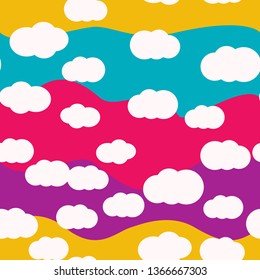 White clouds on bright colors background vector seamless pattern design. For kids room or textile. Violet, purple, red, pink, blue, yellow colors