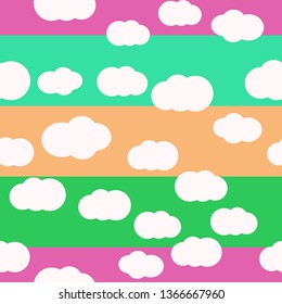 White clouds on bright colors background vector seamless pattern design. For kids room or textile. Rose, green colors