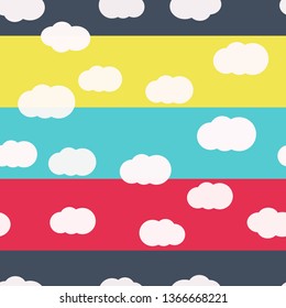 White clouds on bright colors background vector seamless pattern design. For kids room or textile. Yellow, gray, red, colors 