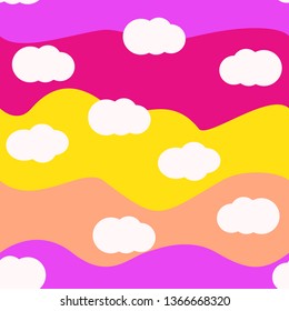 White clouds on bright colors background vector seamless pattern design. For kids room or textile. yellow, pink, violet colors