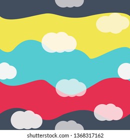 White clouds on bright colors background vector seamless pattern design. For kids room or textile. Yellow, gray, red, colors 