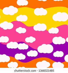 White clouds on bright colors background vector seamless pattern design. For kids room or textile. Violet, purple, yellow colors