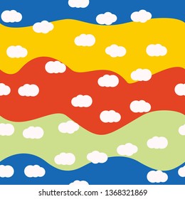 White clouds on bright colors background vector seamless pattern design. For kids room or textile. Green, red, yellow, blue colors