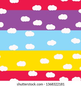 White clouds on bright colors background vector seamless pattern design. For kids room or textile. Pink, violet, blue, yellow colors