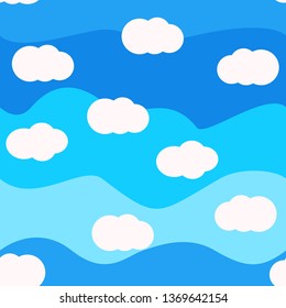 White clouds on bright colors background vector seamless pattern design. For kids room or textile blue color