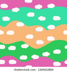 White clouds on bright colors background vector seamless pattern design. For kids room or textile. Rose, green colors