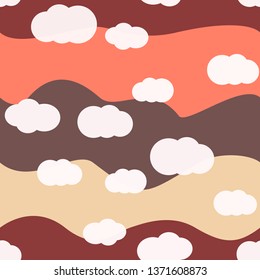 White clouds on bright colors background vector seamless pattern design. For kids room or textile. Orange, grey, burgundy, beige colors