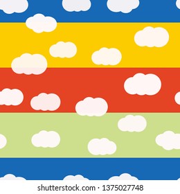 White clouds on bright colors background vector seamless pattern design. For kids room or textile. Green, red, yellow, blue colors