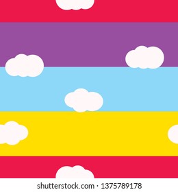 White clouds on bright colors background vector seamless pattern design. For kids room or textile. Pink, violet, blue, yellow colors