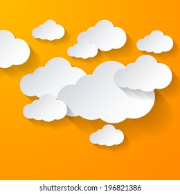 White clouds on bright orange background. Cloud computing