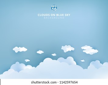 White clouds on pastel blue sky background design paper art and handicraft with copy space. Vector illustration