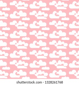 White clouds on pink font hand drawn seamless pattern cartoon style