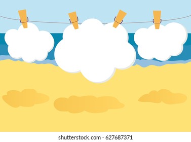 White clouds of paper hang on a rope with clothespins on the background of the beach and the sea. Vector. Free space for text or advertising