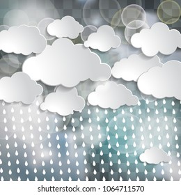 white clouds and rain drops in the blue sky with twinkle lights on the chequered  background