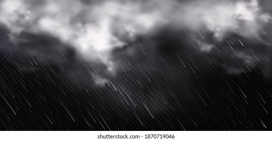 White clouds, rain and fog in sky. Vector realistic illustration of cold storm weather with rainfall and wind. Fluffy clouds and downpour, falling water drops isolated on transparent background