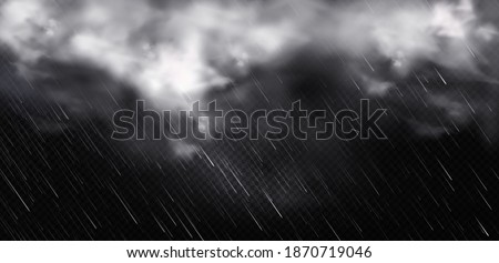 White clouds, rain and fog in sky. Vector realistic illustration of cold storm weather with rainfall and wind. Fluffy clouds and downpour, falling water drops isolated on transparent background Stock photo © 