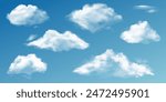 White clouds. Realistic 3d semi transparent cloud in blue sky. Summer rain clouds vector isolated set. Beautiful cloudscape with fluffy cumulus. Outdoor summer floating cloudy heavens