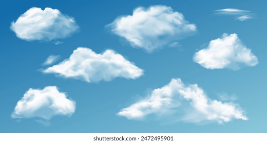 White clouds. Realistic 3d semi transparent cloud in blue sky. Summer rain clouds vector isolated set. Beautiful cloudscape with fluffy cumulus. Outdoor summer floating cloudy heavens