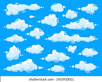 Nubes blancas. El cielo azul del verano abstracto. Simple nube de dibujos animados. Ilustración vectorial.