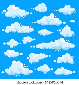 White clouds set. Abstract  blue summer sky. Simple cartoon cloud. Vector illustration.