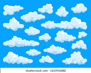 White clouds set. Abstract  blue summer sky. Simple cartoon cloud. Vector illustration.