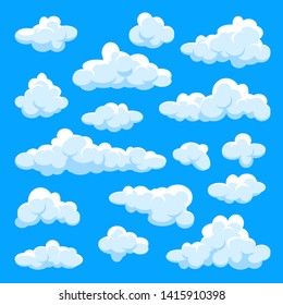 White clouds set. Abstract  blue summer sky. Simple cartoon cloud. Vector illustration.