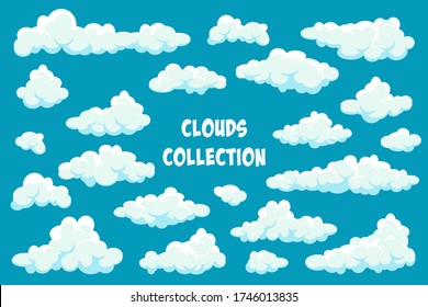 White clouds set. Abstract blue summer sky. Simple cartoon cloud. Vector illustration.
