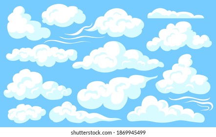 White clouds set. Blue cloudy sly, different shapes of soft clouds, heaven. Vector illustrations for atmosphere, weather, meteorology concept