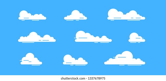 White clouds set isolated on a blue background. Simple cute cartoon design. Icon or logo collection. Realistic elements. Flat style vector illustration.
