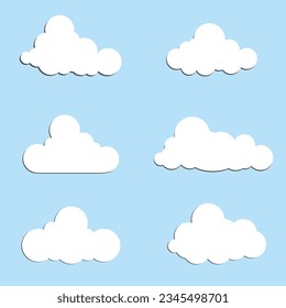 White clouds set isolated on a blue background. Clouds collection vector illustration. Cloud icons, labels.