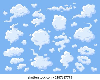 White clouds set on blue background. Cartoon fluffy smoke shapes, cloudy collection, vector illustration.