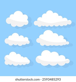 White clouds set. Sky elements. Cartoon fluffy shapes. Blue background vector.