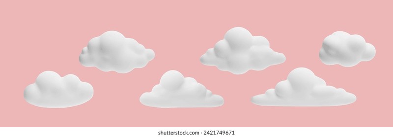 White clouds, set of volumetric 3d vector illustration or icon isolated on pink background. Collection of different shape cute cartoon clouds in realistic plastic effect. Render icons