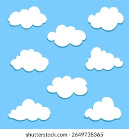 White clouds with a shadow set design elements. Eight different clouds nature weather collection.