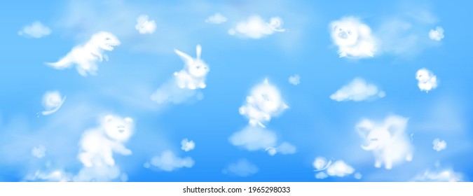 White clouds in shape of cute animals on background of blue sky. Baby elephant, bear, cat, little pig, dinosaur and rabbit silhouettes. Vector realistic soft fluffy clouds in form of funny animals