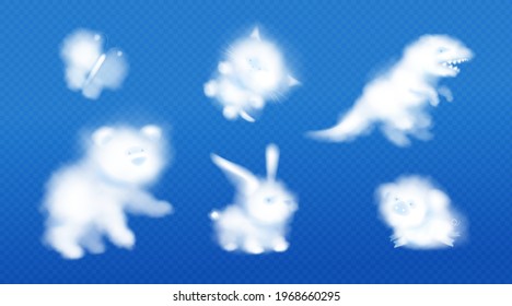 White clouds in shape of cute animals in blue sky. Baby bear, cat, little pig, dinosaur, butterfly and rabbit silhouettes isolated on transparent background. Vector realistic soft fluffy clouds