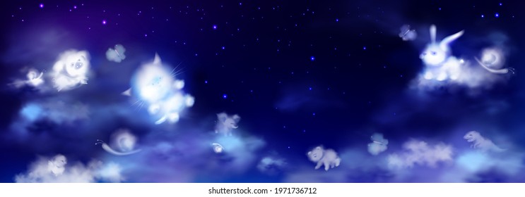 White clouds in shape of cute animals on night sky with stars. Baby elephant, bear, cat, little pig, dinosaur and rabbit silhouettes. Vector realistic soft fluffy clouds in form of funny animals