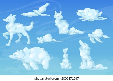 White clouds in shape of cute animals. Fox, dog, bear, little mouse, turtle, wolf, bird and rabbit silhouettes on background of blue sky. Vector realistic soft fluffy clouds in form of funny animals