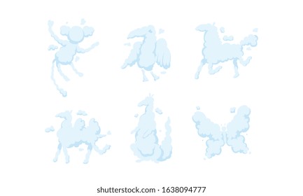 White Clouds in the Shape of Different Animals Collection, Monkey, Bird, Horse, Camel, Kangaroo, Butterfly Vector Illustration