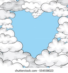 White clouds in the sky make the symbol of love. Heart. Vector illustration on blue background
