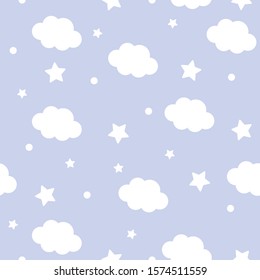 White clouds in the sky with stars. Seamless pattern.